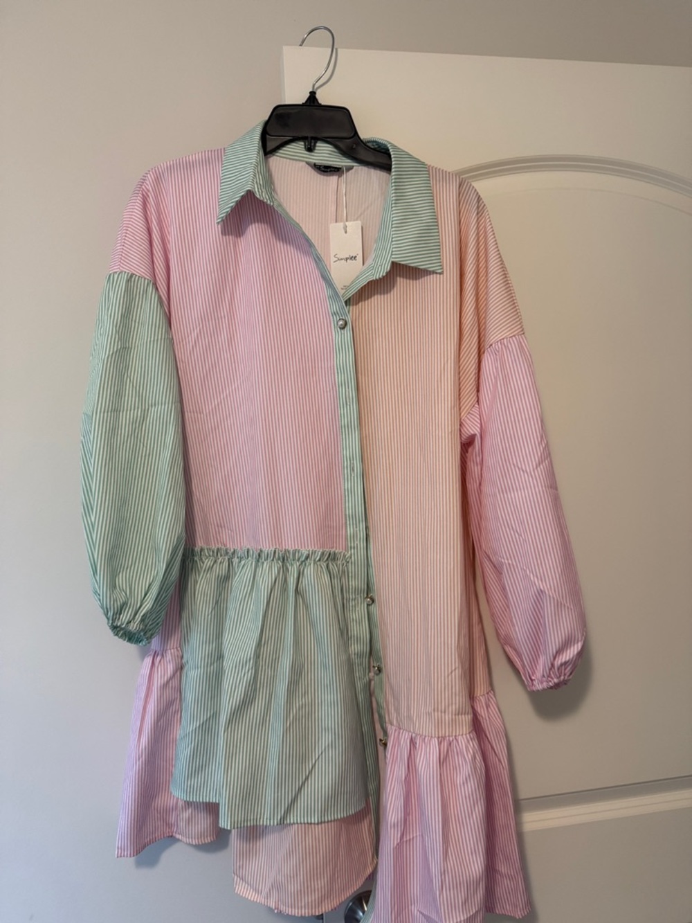 Simple Pastel Pink & Mint Striped Long Sleeve Dress